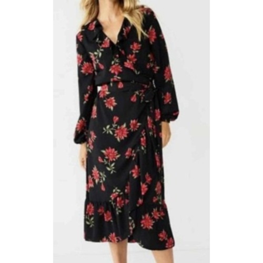Draper James RSVP Long Sleeve Ruffle Midi Wrap Dress Black Red Floral Small